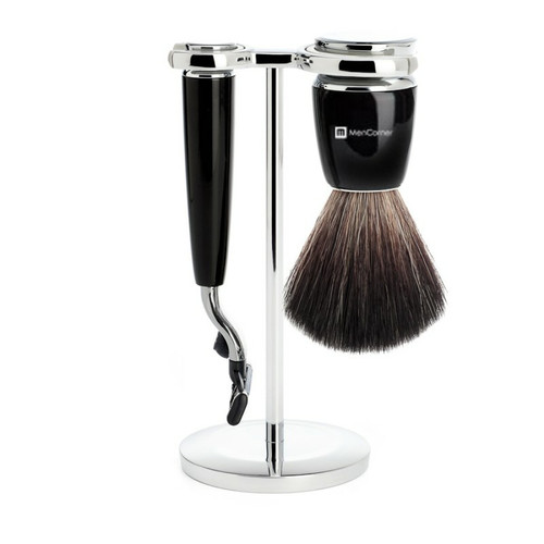 Mencorner.Com - Set De Rasage 3 Pieces Noir Design - Lames Mach 3® - Rasoir barbe